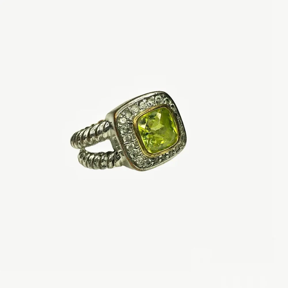 Ring Fashion Double Twisted Silver Tone Band Large Halo Square Stone Green 7